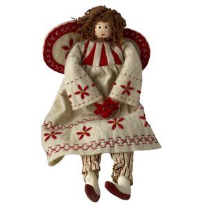Vintage Tender Heart Angel Rag Doll‎ 2002 Red White Floral Embroidery Christmas